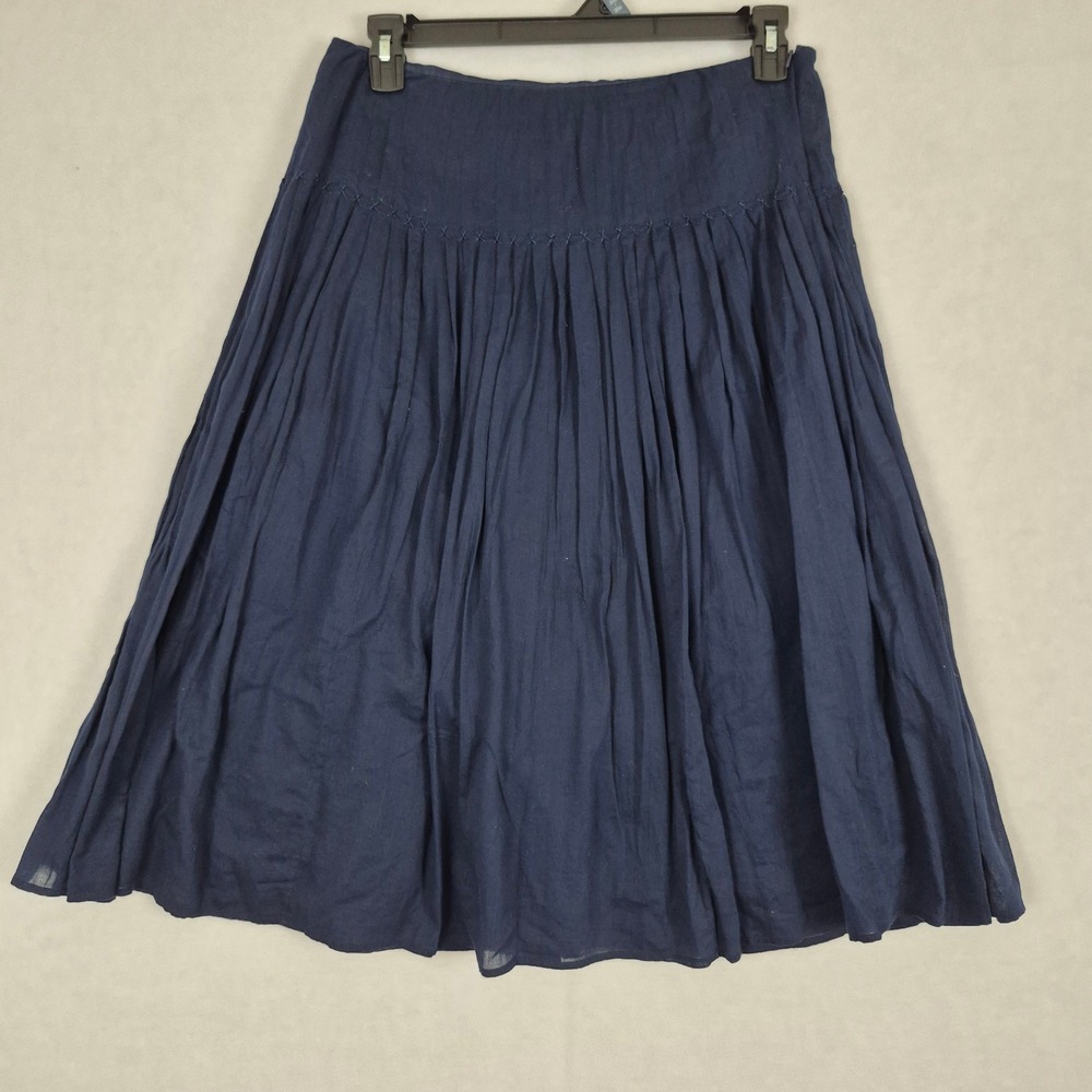 Lauren Ralph Lauren Navy Blue Cotton Pleated Midi Skirt Siz 8 Drop Waist Classic